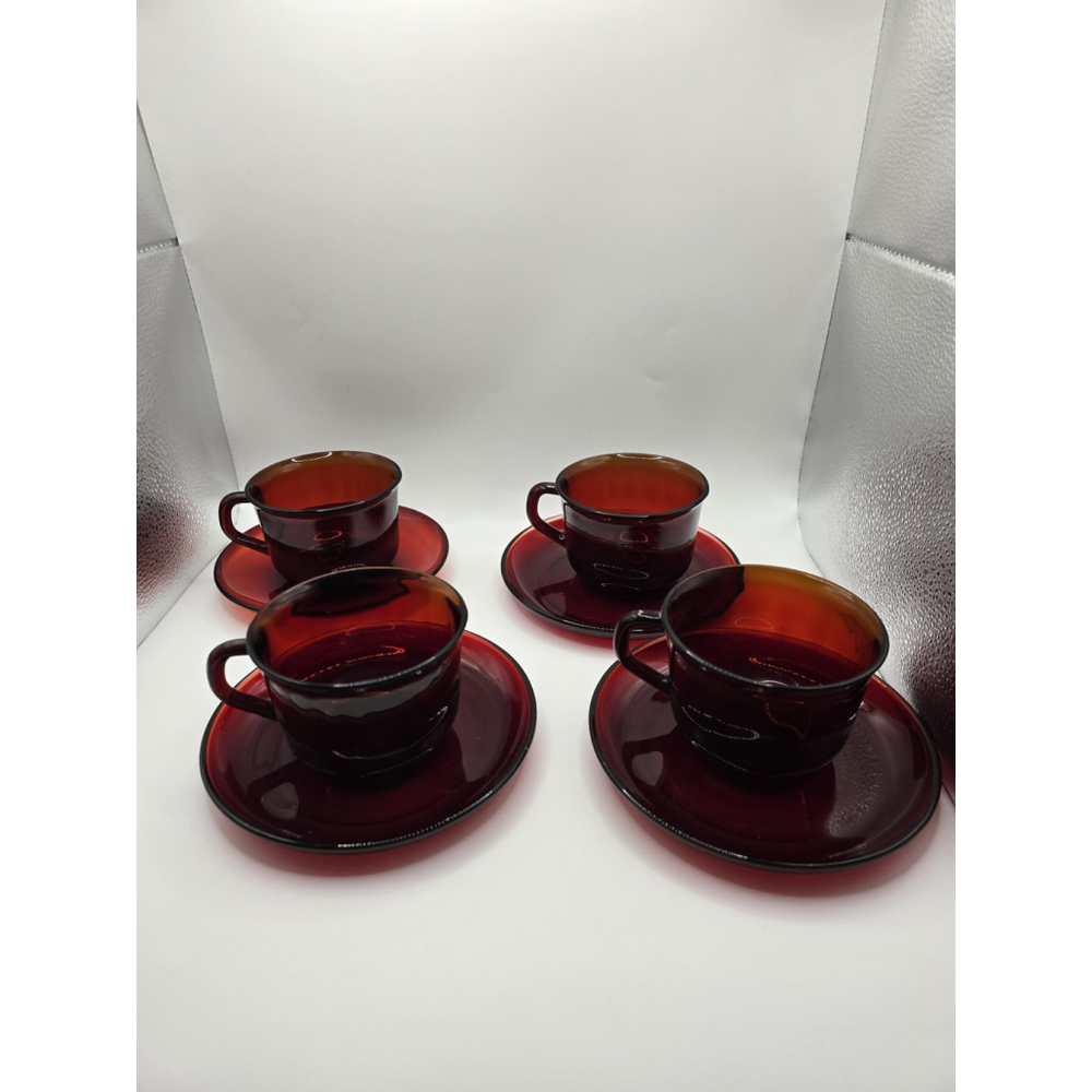 4 Sets Of Tea Cups/saucers. Arcoroc France Ruby Red
